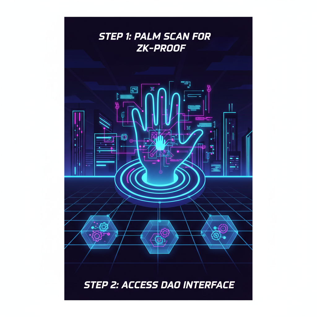 glowing palm scan biometric device emitting zero-knowledge proofs, futuristic DAO interface, cyberpunk neon