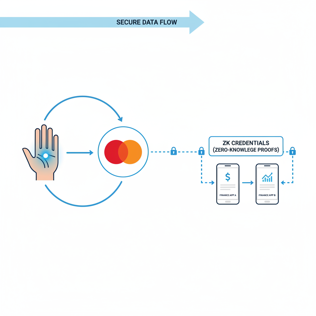 palm scan linking to Mastercard logo, ZK credentials transferring to finance apps, secure data flow diagram