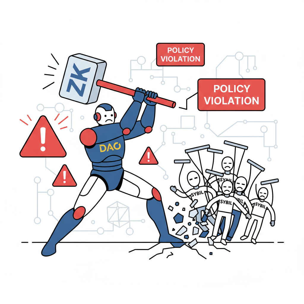 DAO policy enforcer smashing Sybil puppets with ZK hammer, bold red alerts, dynamic action