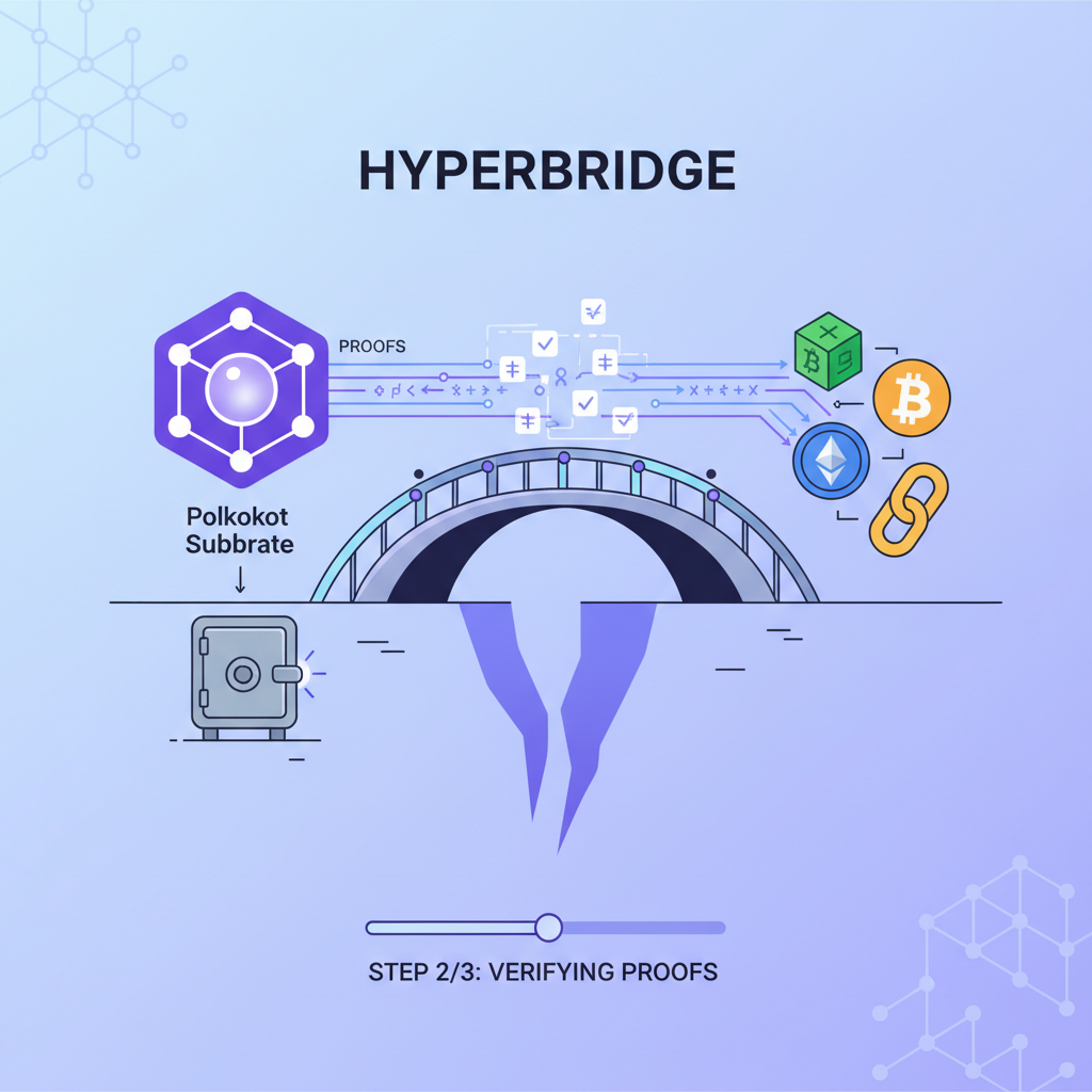 Hyperbridge cross-chain bridge with proofs flowing between blockchain icons, Polkadot substrate, secure vault